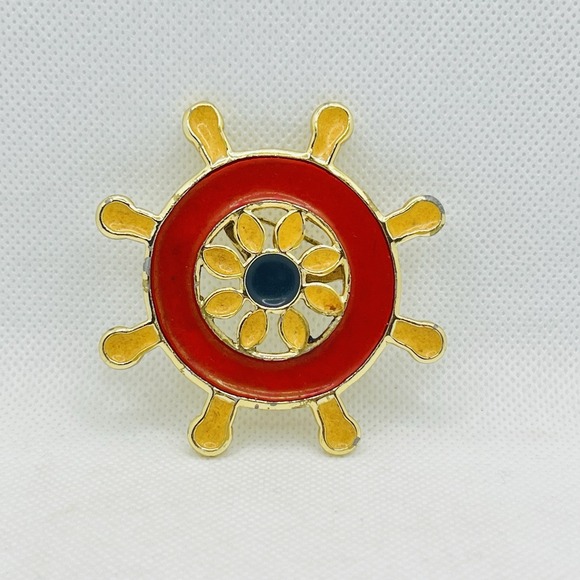 Jewelry - Vintage Gold Tone Ship Wheel Boat Helm Nautical Brooch Pin‎ Enamel